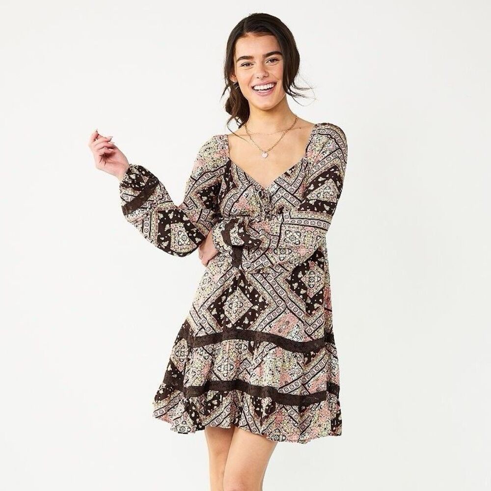 SO Juniors Women’s S Lace Inset Tiered Skater Dress Boho Floral Brown NWT